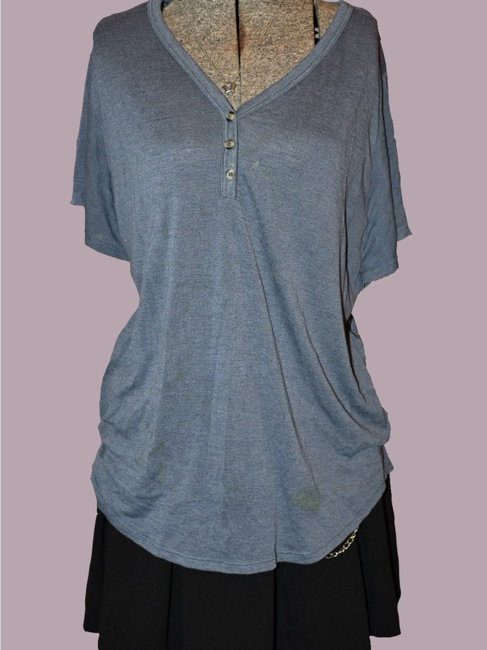 Relaxed V-Neck Button Front Women's Top - Blue